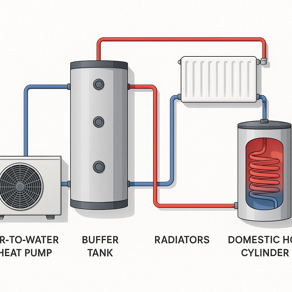 Schéma de raccordement hydraulique d'une pompe à chaleur air-eau vers les radiateurs et le ballon d'eau chaude