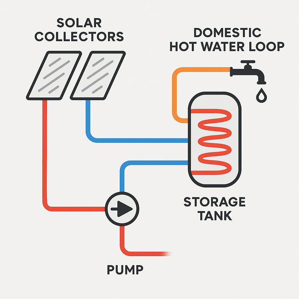 Funktionsschema eines thermischen Solarsystems: Kollektor, Pumpe, Speicher und Verteilungskreislauf
