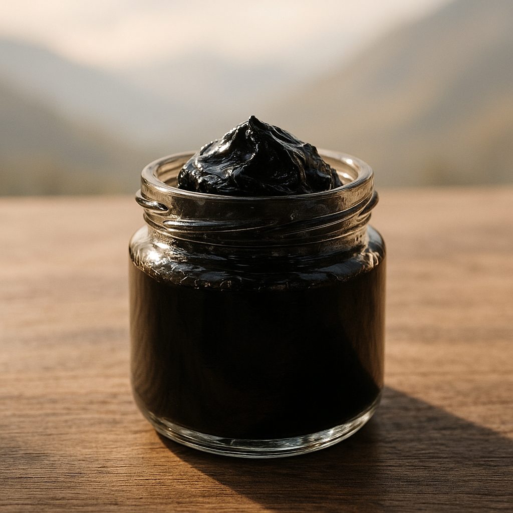 Pot de résine de shilajit pure, texture sombre et brillante