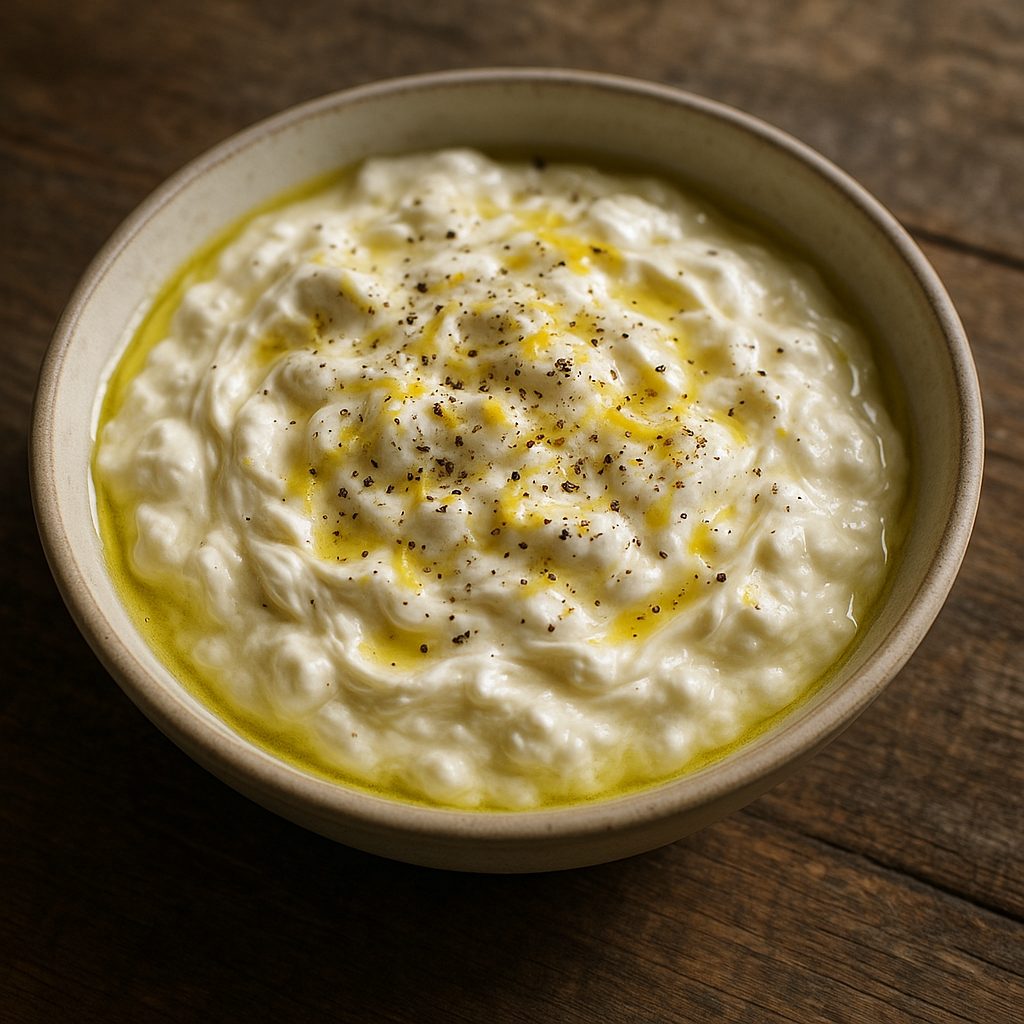 Bol de stracciatella légèrement fumée, nappée d'huile d'olive et de zeste de citron