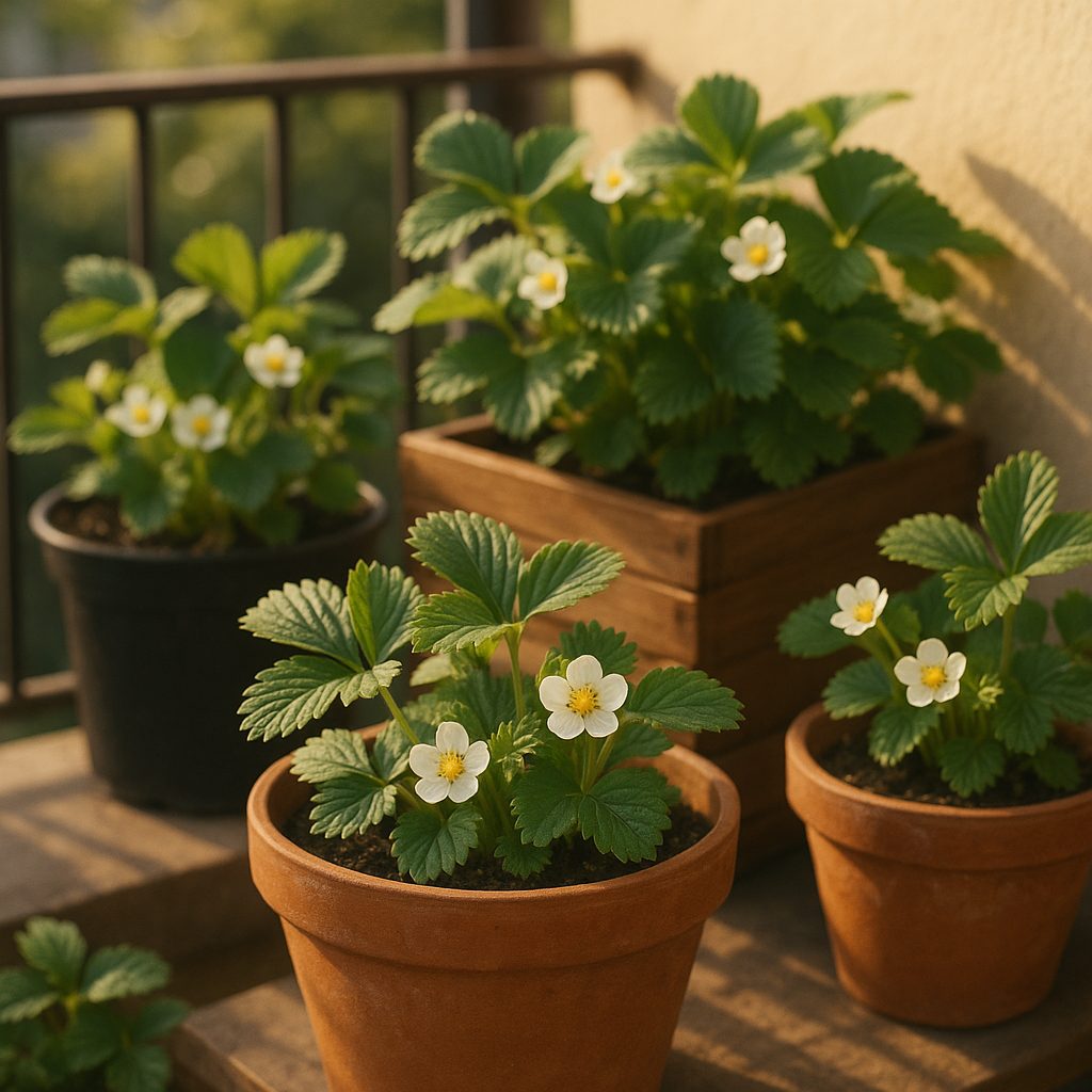 Différents pots pour cultures de fraises en balcon