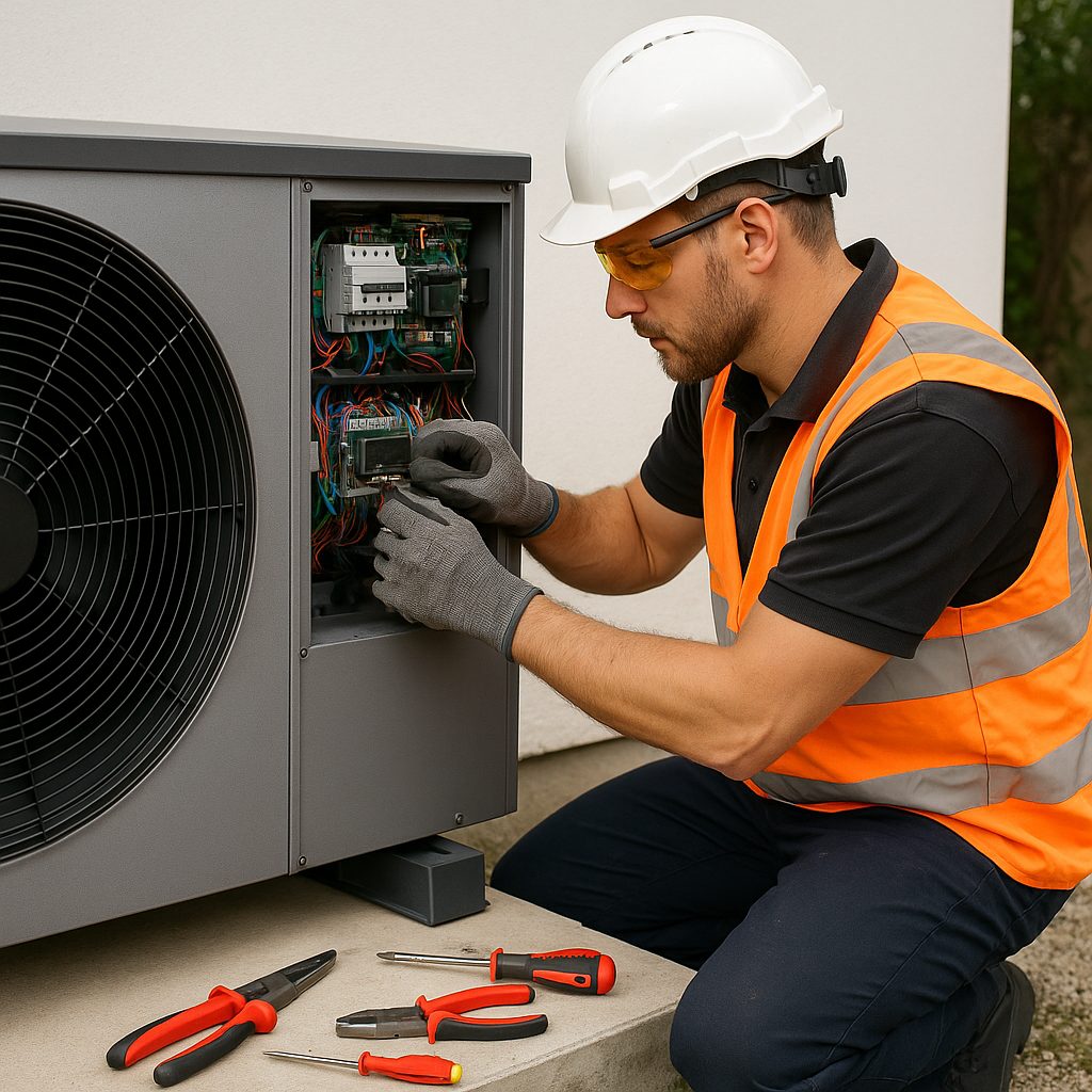 Technicien installant une pompe à chaleur air-eau avec outils et contrôle du tableau électrique