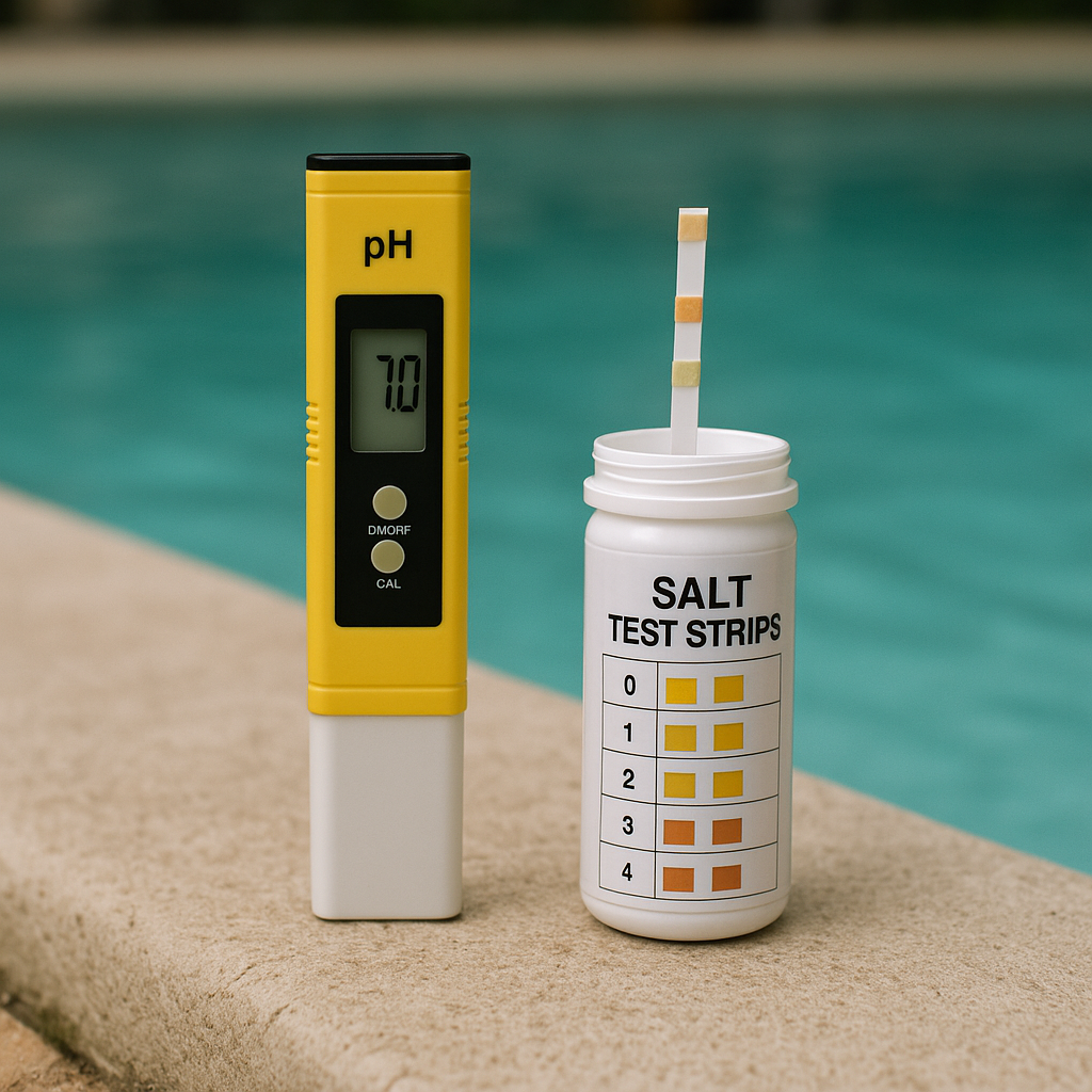 Testeur de pH et salinité posé au bord d'une piscine, bandelette colorée visible