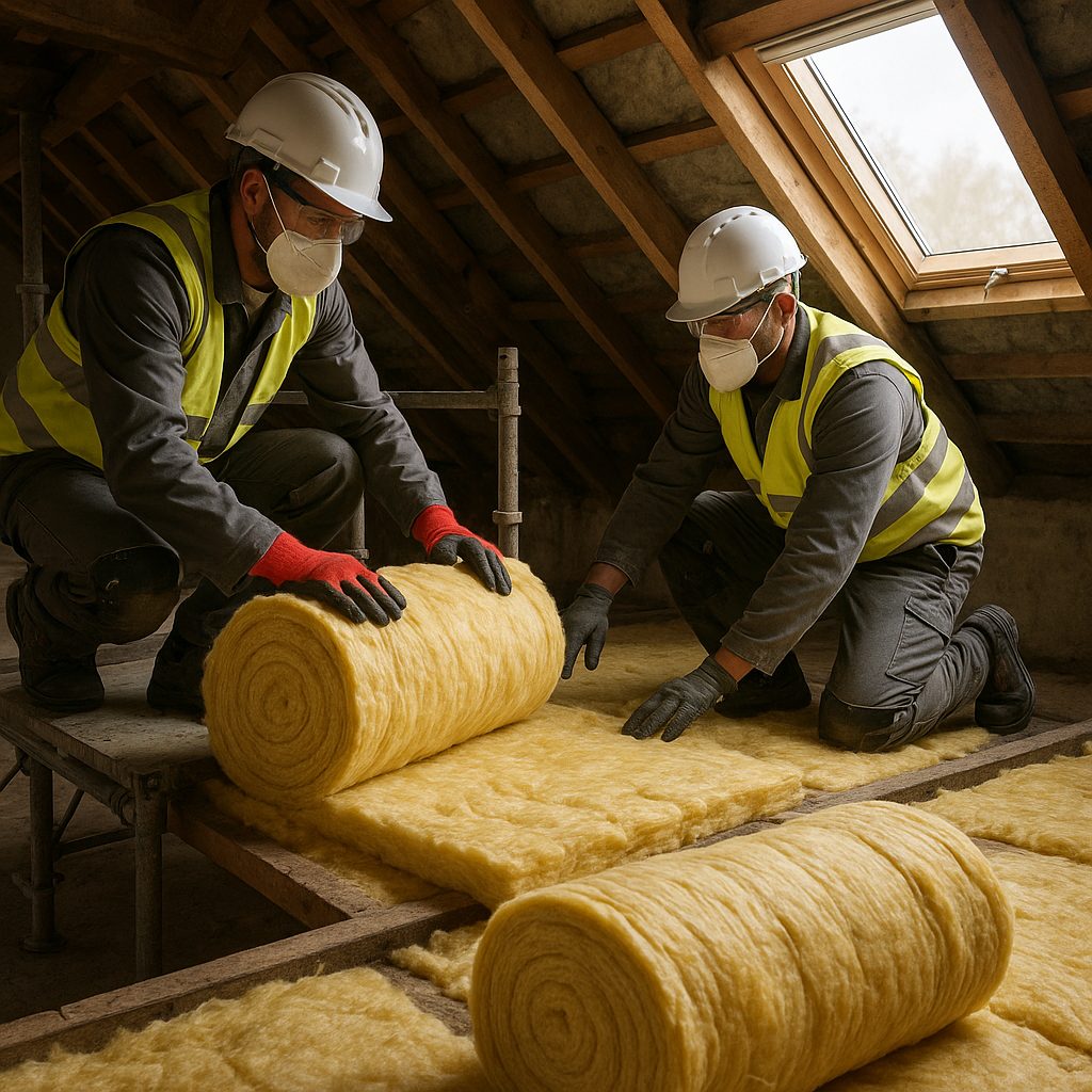 Installation of insulation in an attic with workers in action