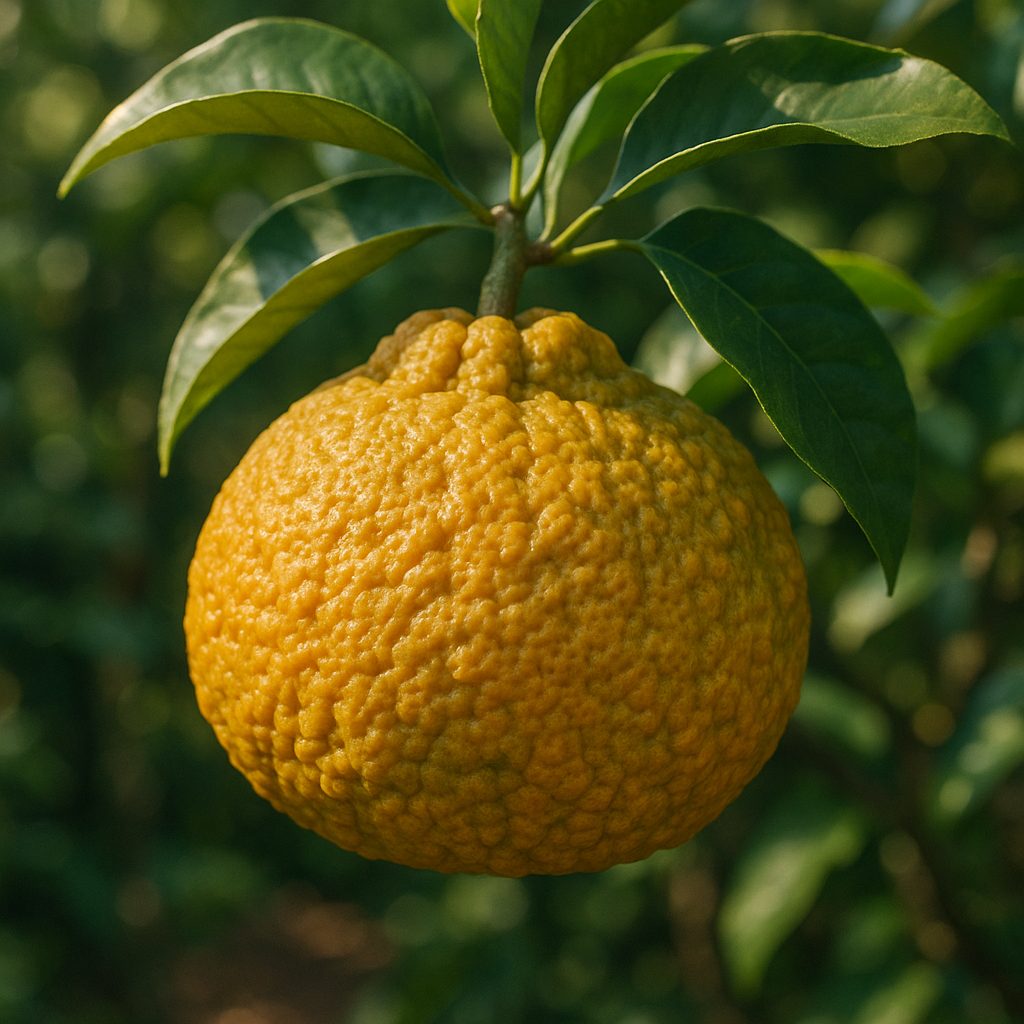 Gros plan d'un fruit ugli sur l'arbre, peau texturée et feuille verte