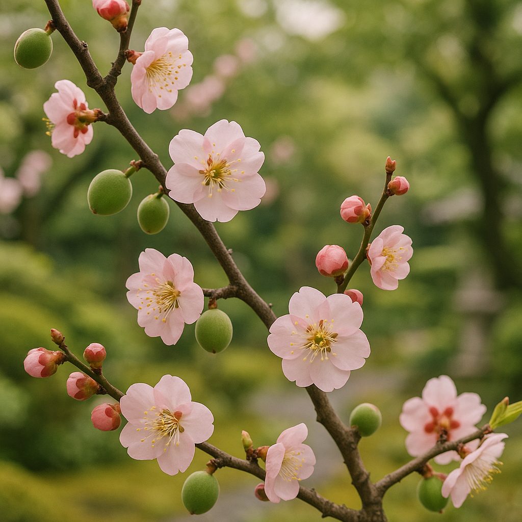 Fleurs roses d'ume sur branche et quelques fruits immatures en arrière-plan