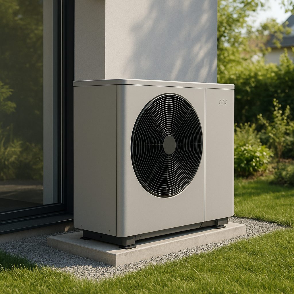 Unité extérieure d'une pompe à chaleur air-eau installée contre une maison