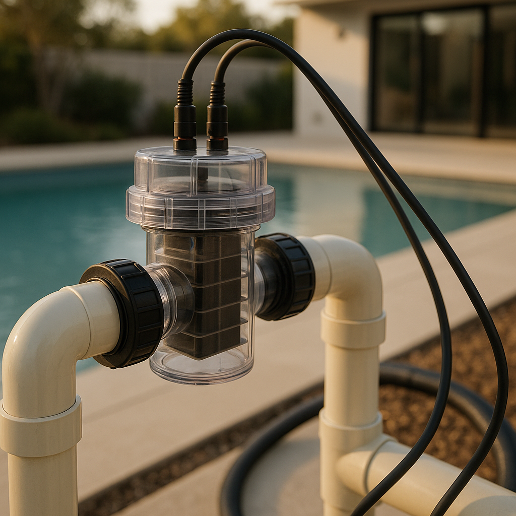 Électrolyseur installé sur une piscine au sel, gros plan sur la cellule