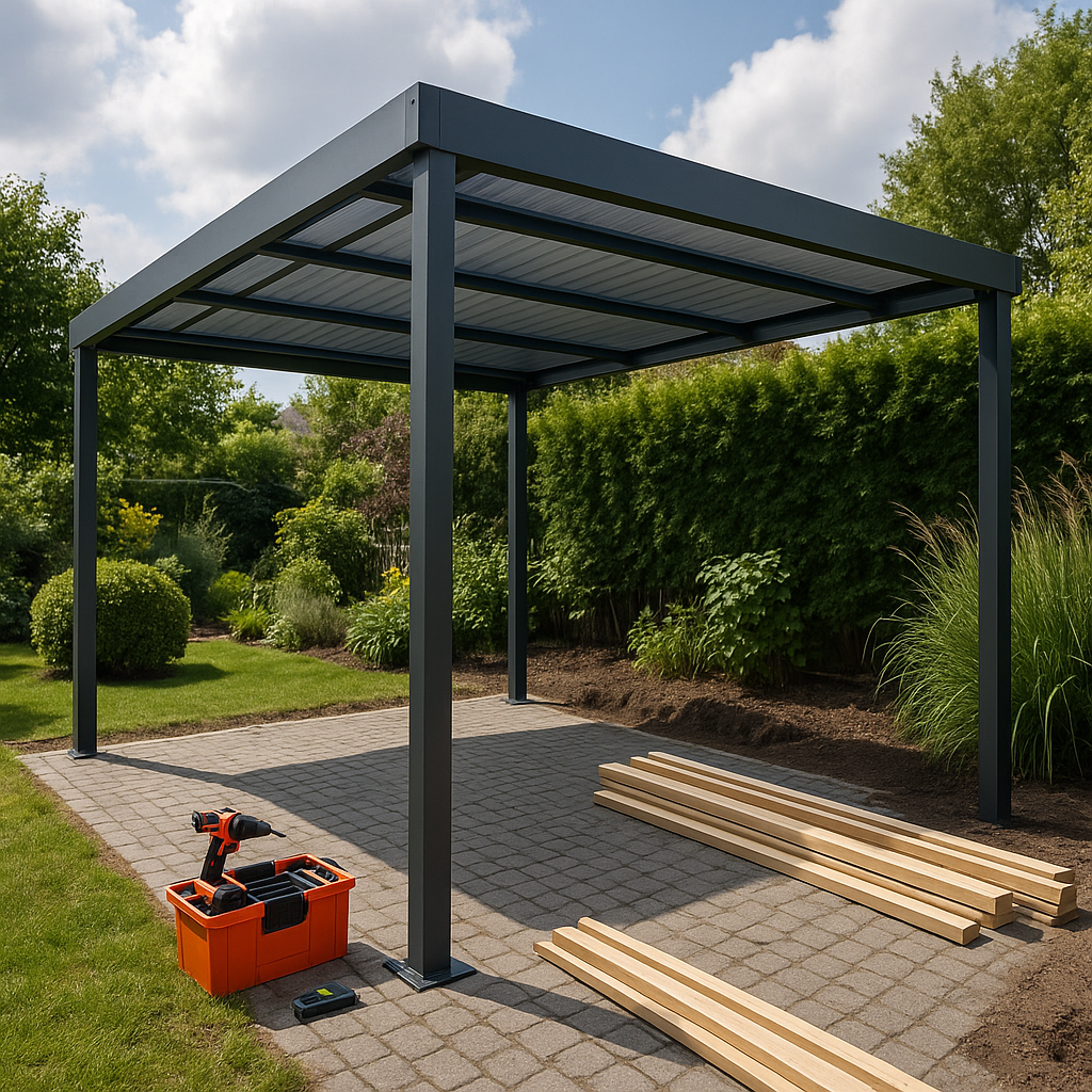 Moderner Aluminium-Carport neben einem Haus installiert