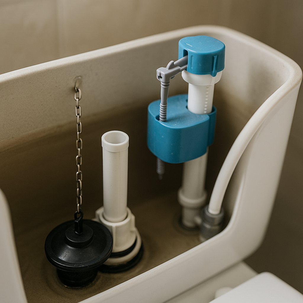 Widok wnętrza zbiornika spłuczki pokazujący zawór i pływak