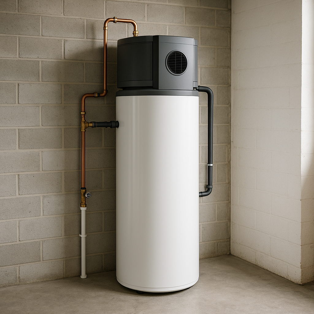 Vue d'ensemble d'un chauffe-eau thermodynamique install&eacute; dans un garage