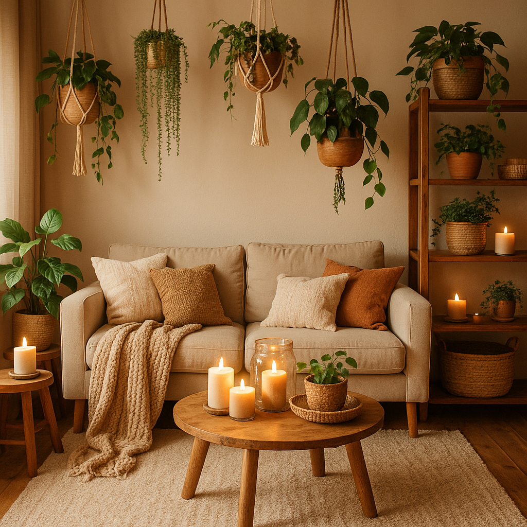Wohnzimmer dekoriert mit hängenden Pflanzen und warmen Accessoires