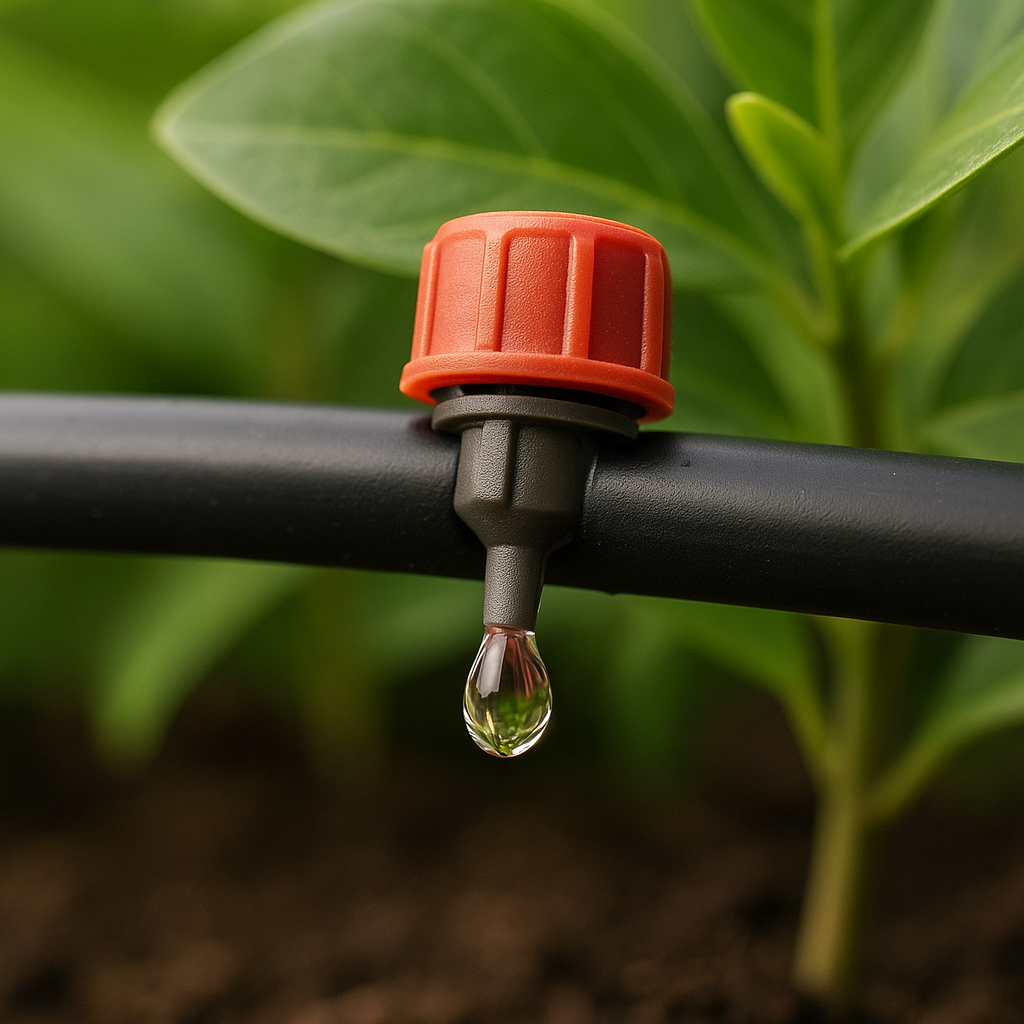 Tropfer, der an einem Rohr in der Nähe einer Pflanze befestigt ist