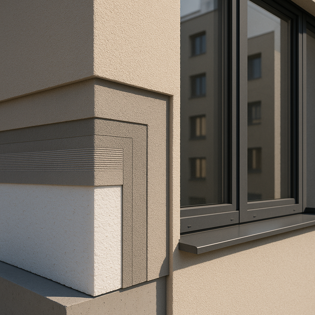 Fa&ccedil;ade isol&eacute;e par l'ext&eacute;rieur montrant l'&eacute;paisseur et la finition