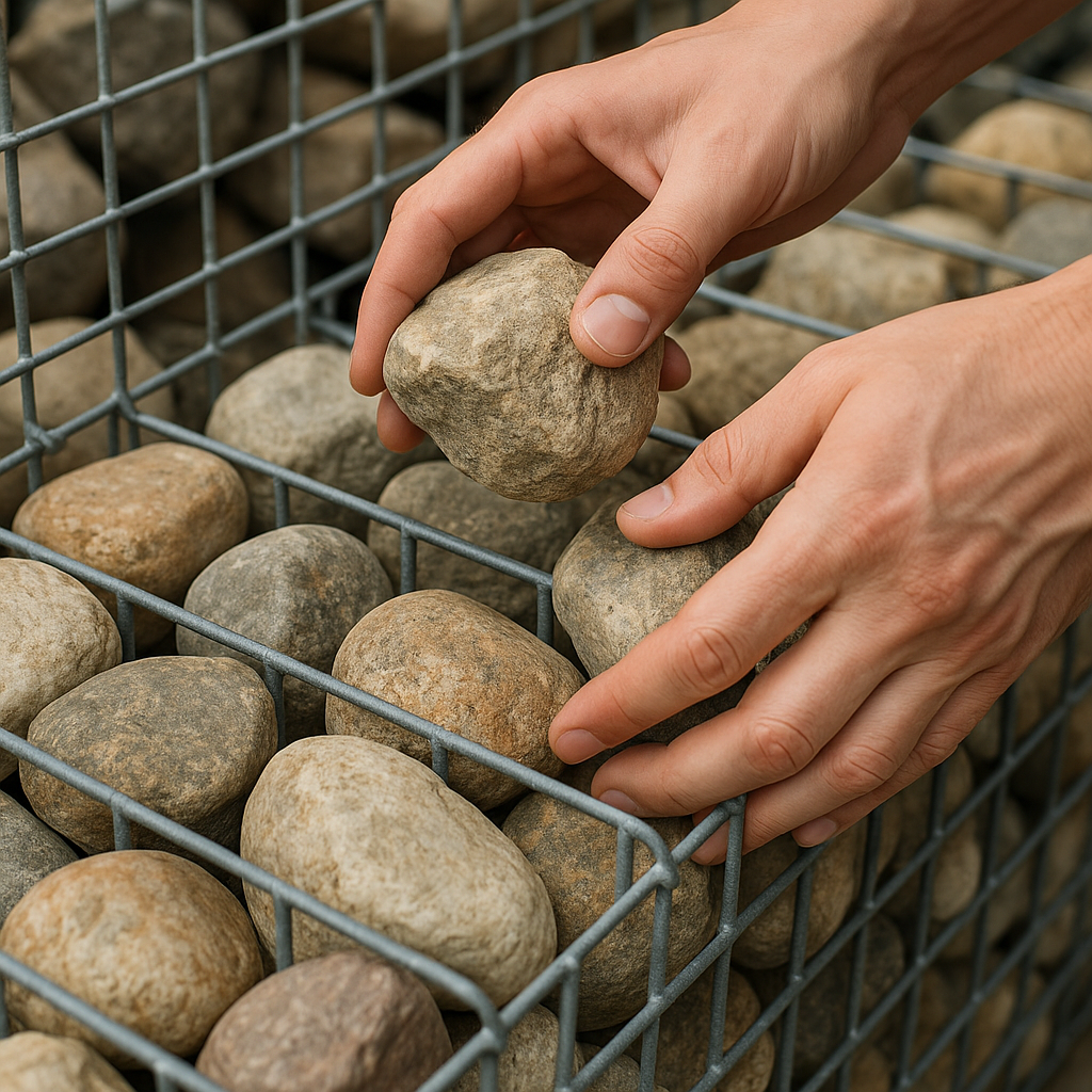 Wypełnianie koszy gabionowych naturalnymi kamieniami