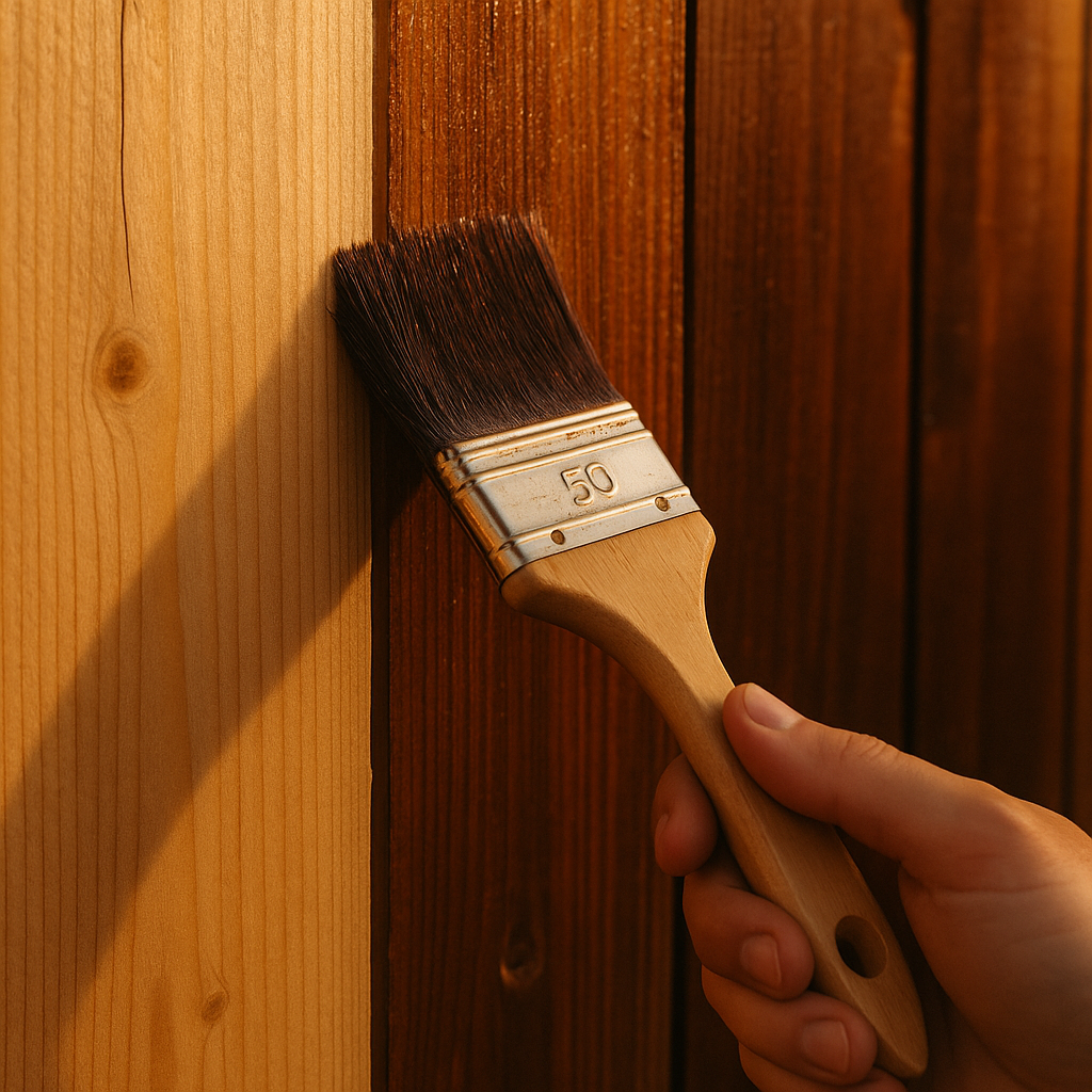 Auftragen von Lasur auf einen Holzzaun