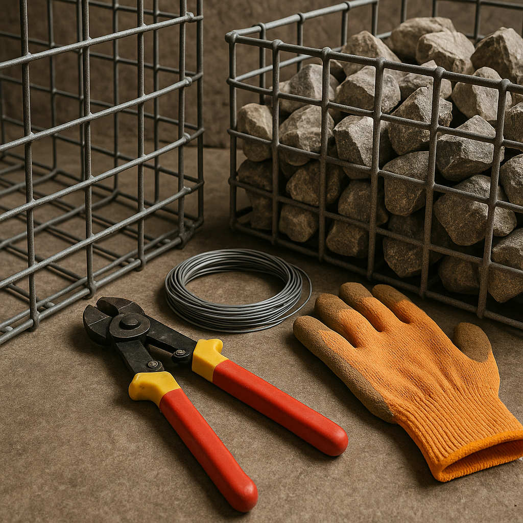 Narzędzia i materiały do budowy muru z gabionu