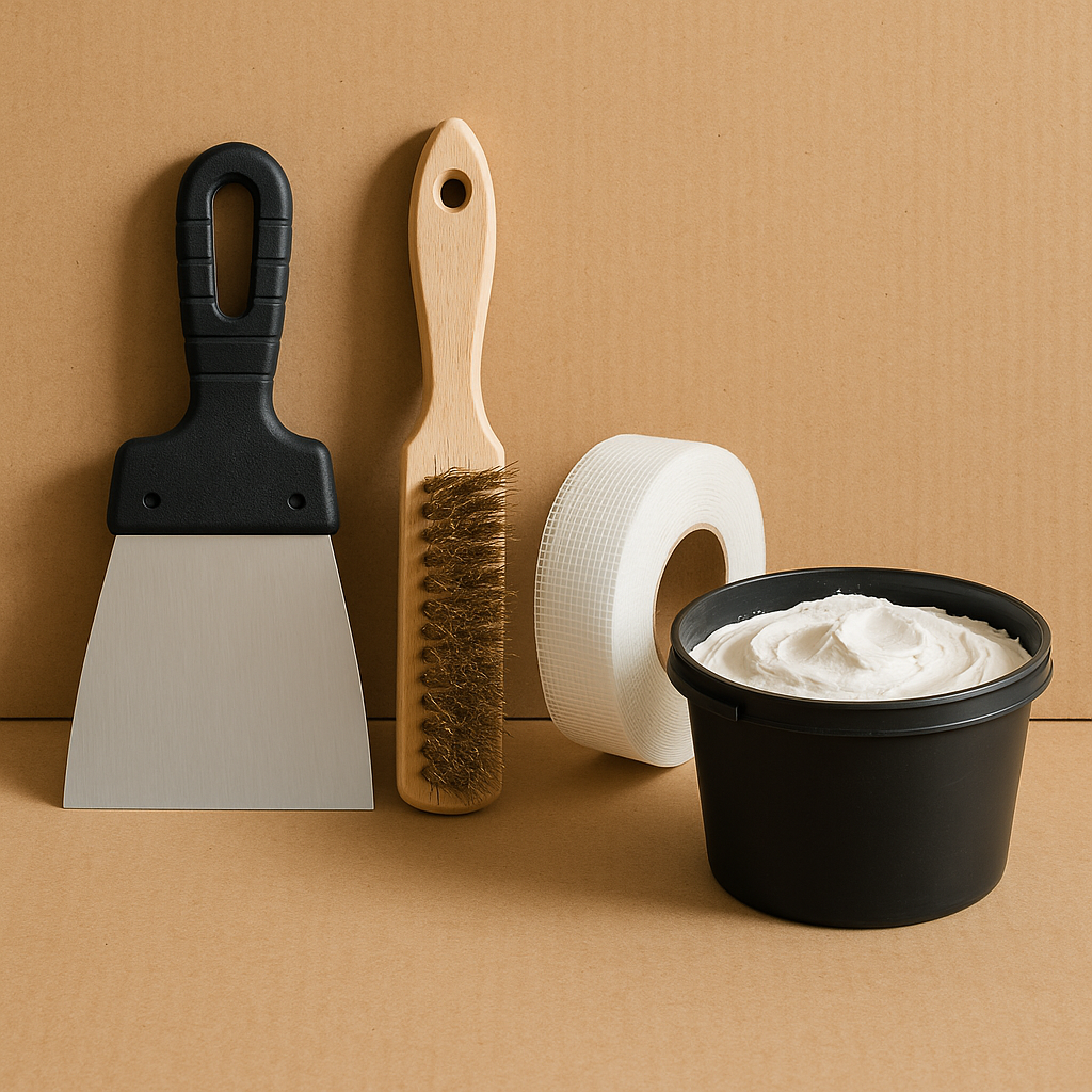 Narzędzia i materiały do naprawy pęknięcia ściany