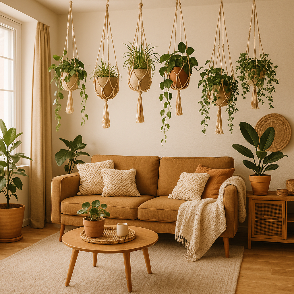 Hängende grüne Pflanzen in einem bohème Wohnzimmer
