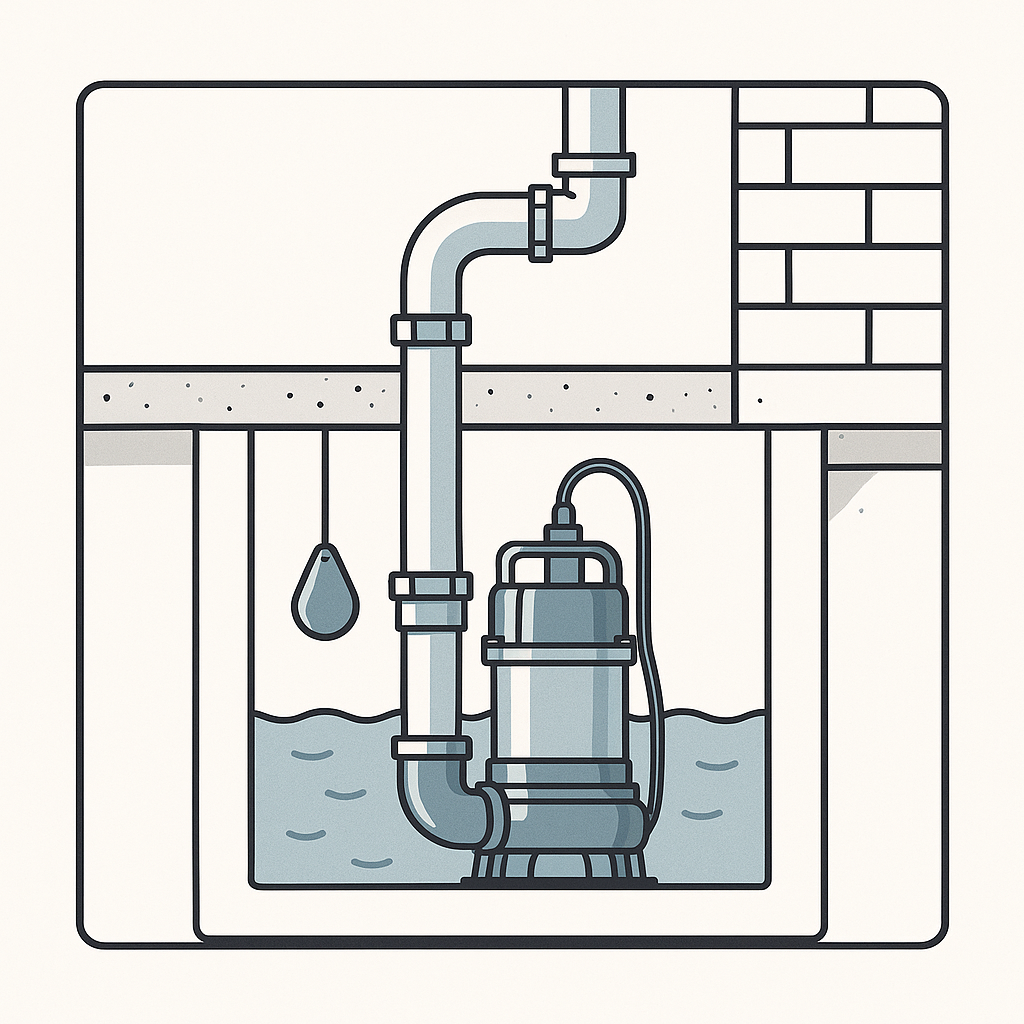 Schemat techniczny pompy zatapialnej w zbiorniku