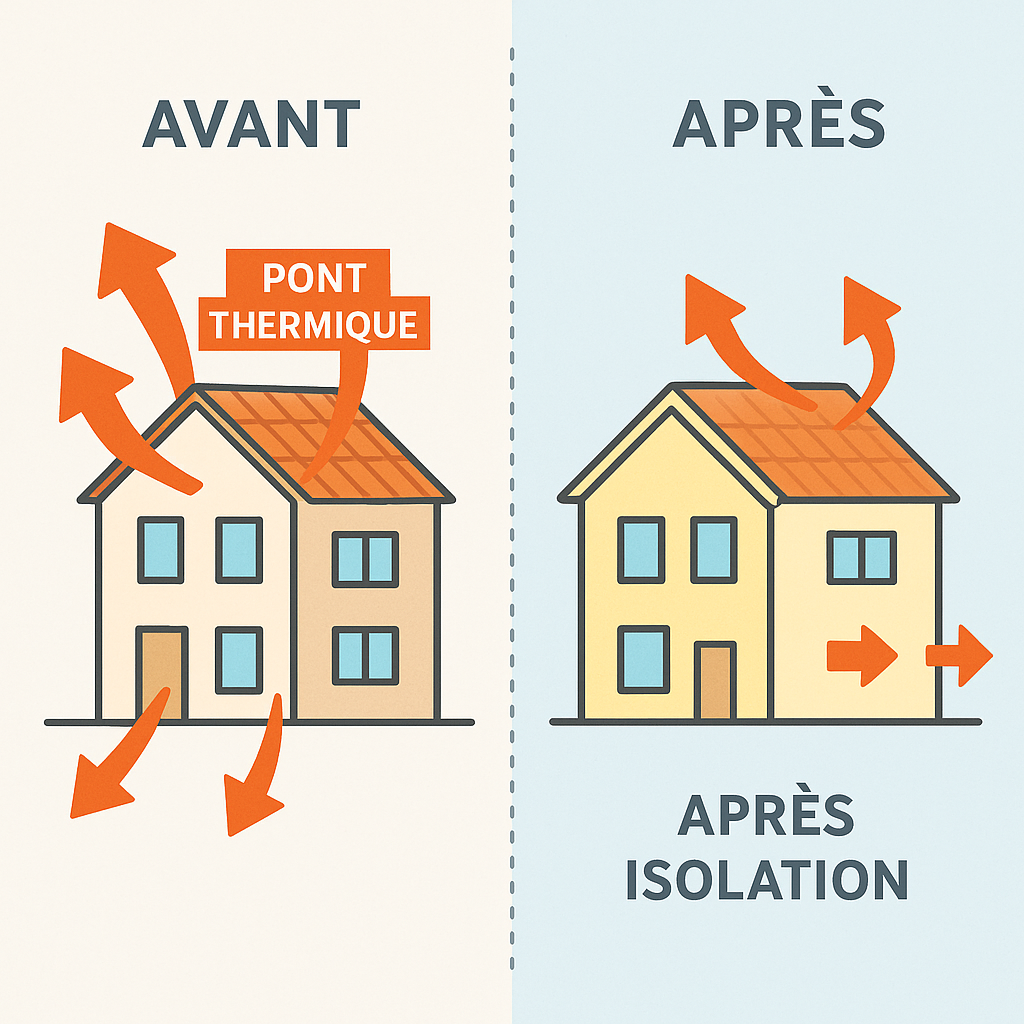 Sch&eacute;ma infographique montrant la r&eacute;duction d'un pont thermique apr&egrave;s isolation ext&eacute;rieure