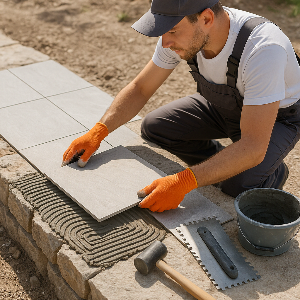 Außenfliesenverlegung mit Werkzeugen