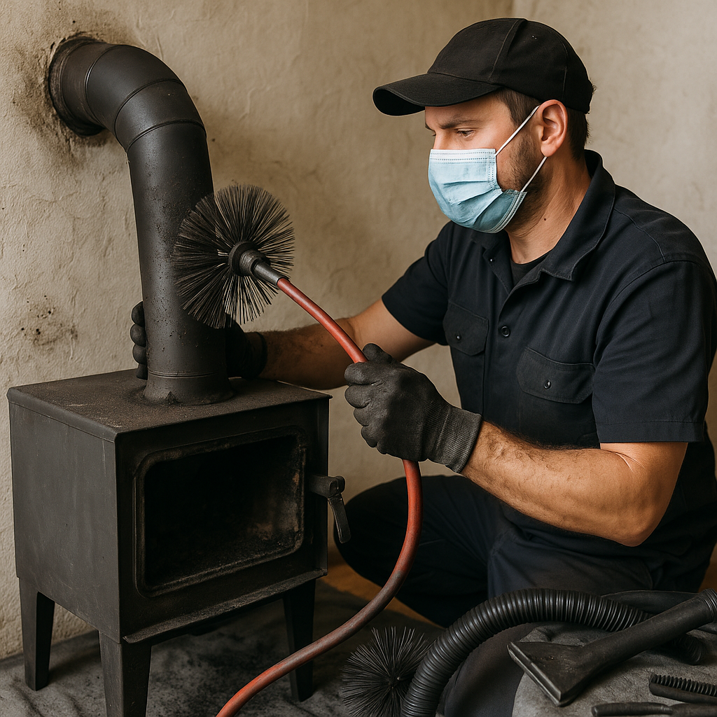 Professionelles Kehren eines Holzofens mit Rotationsbürste