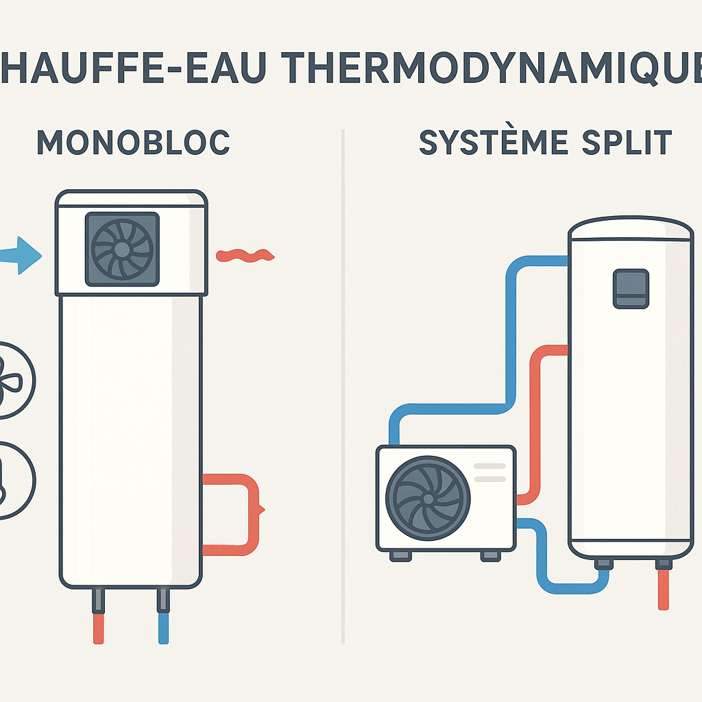 Sch&eacute;ma comparatif d'un chauffe-eau monobloc et split