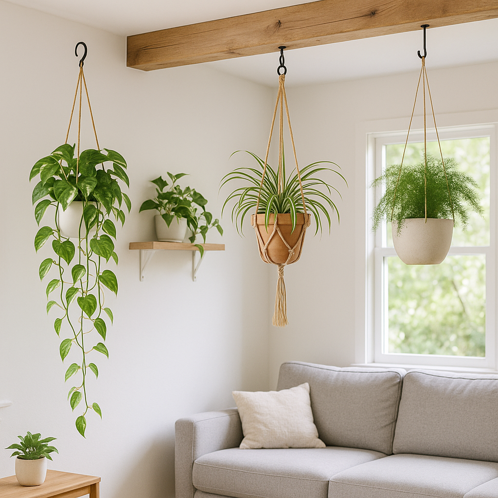 Vielfältige Halterungen für hängende Pflanzen in einem modernen Wohnzimmer