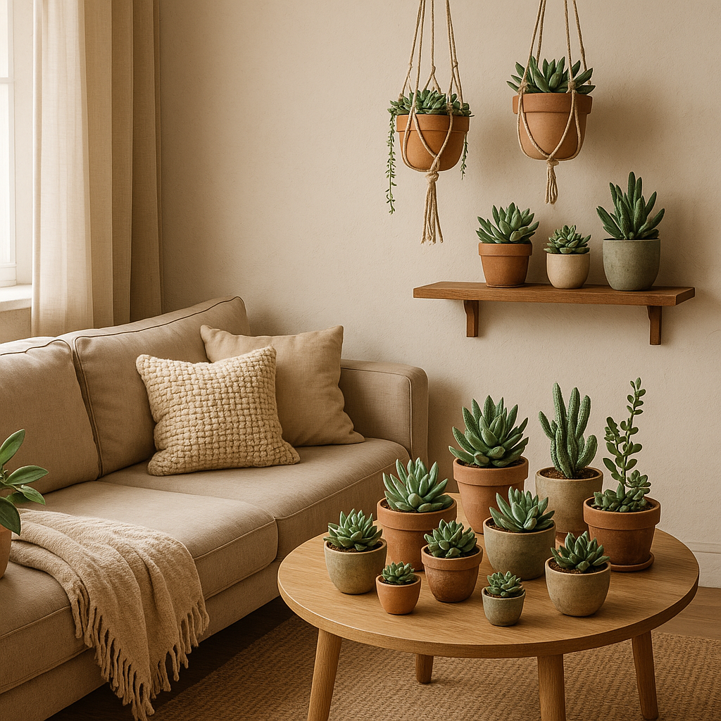 Przytulny kącik z sukulentami na stoliku kawowym i wiszące doniczki