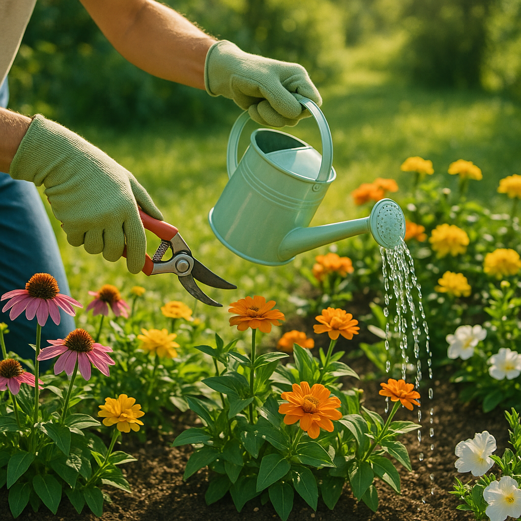 Entretien du jardin avec outils de jardinage