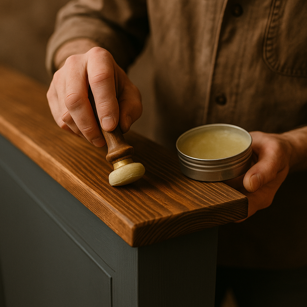 Nakładanie wosku na krawędź białego malowanego mebla