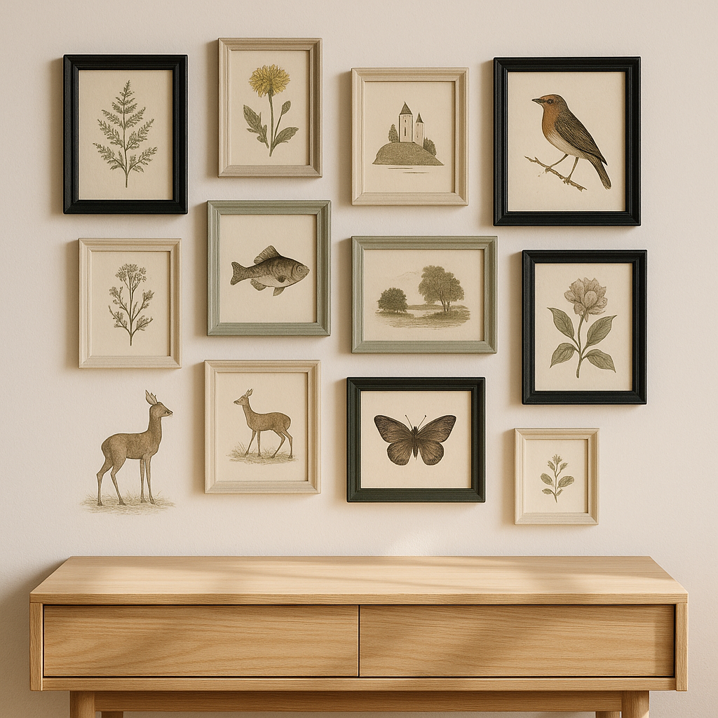 Wandgalerie aus recycelten, bemalten Rahmen und gedruckten Illustrationen