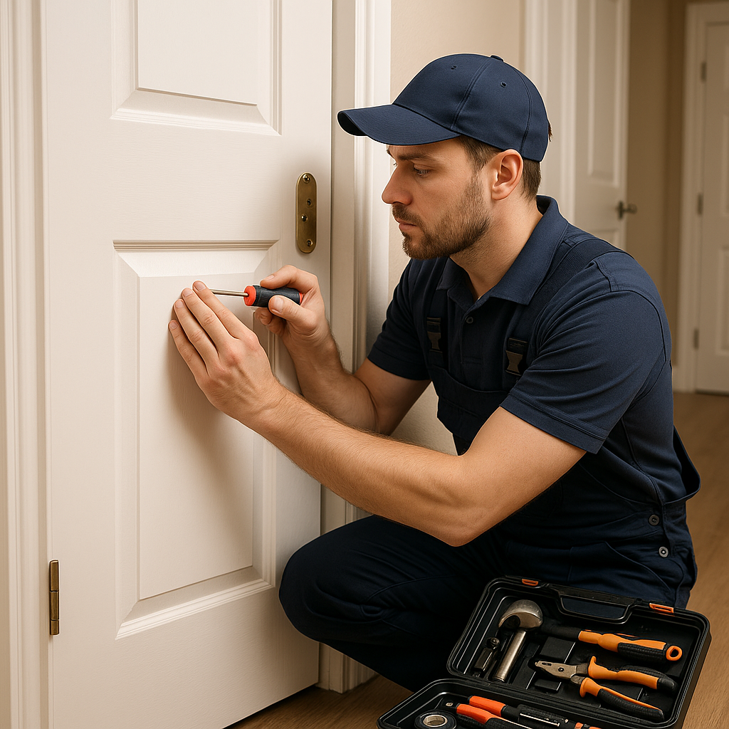 Serrurier professionnel r&eacute;glant les gonds d&rsquo;une porte