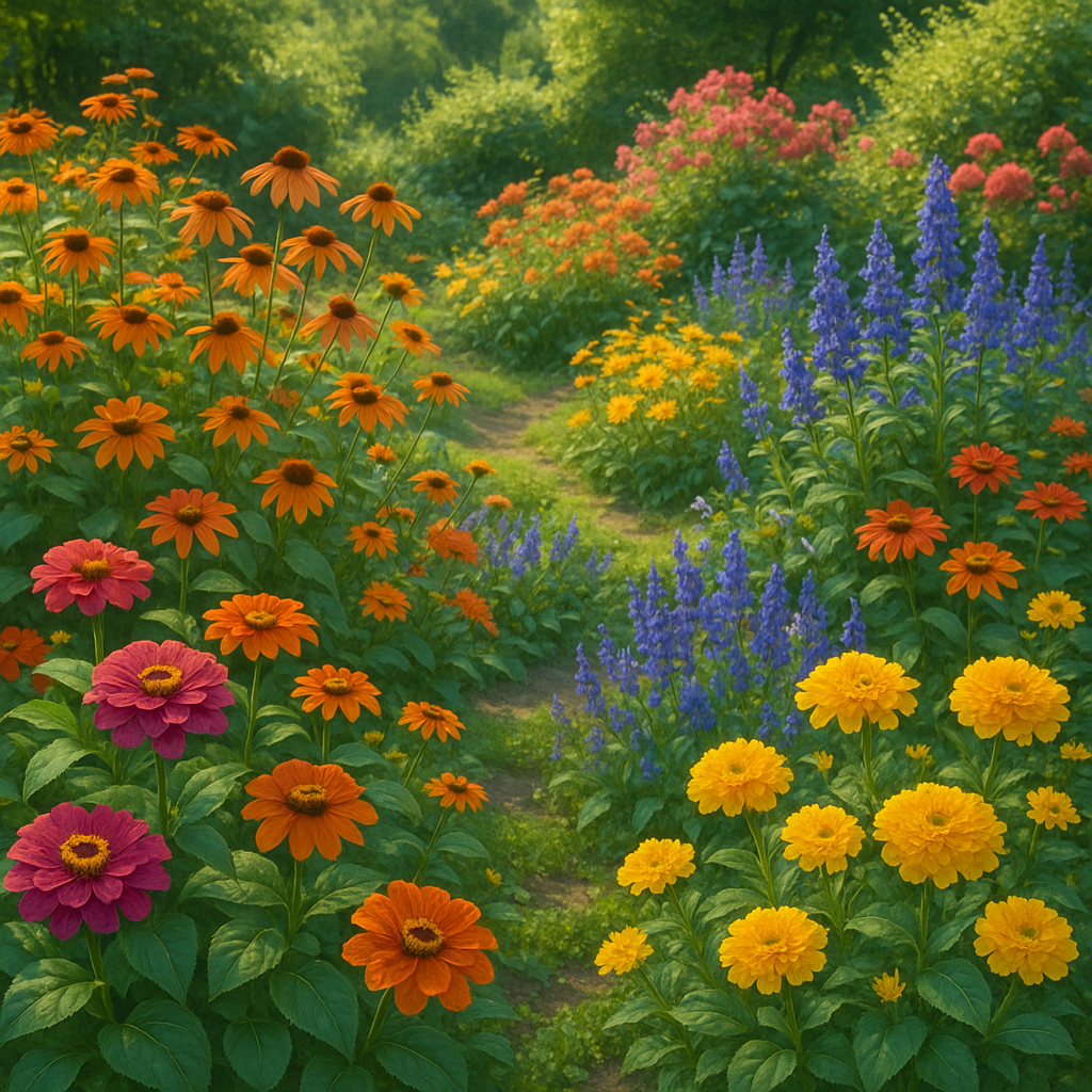 Jardin estival avec des fleurs annuelles color&eacute;es