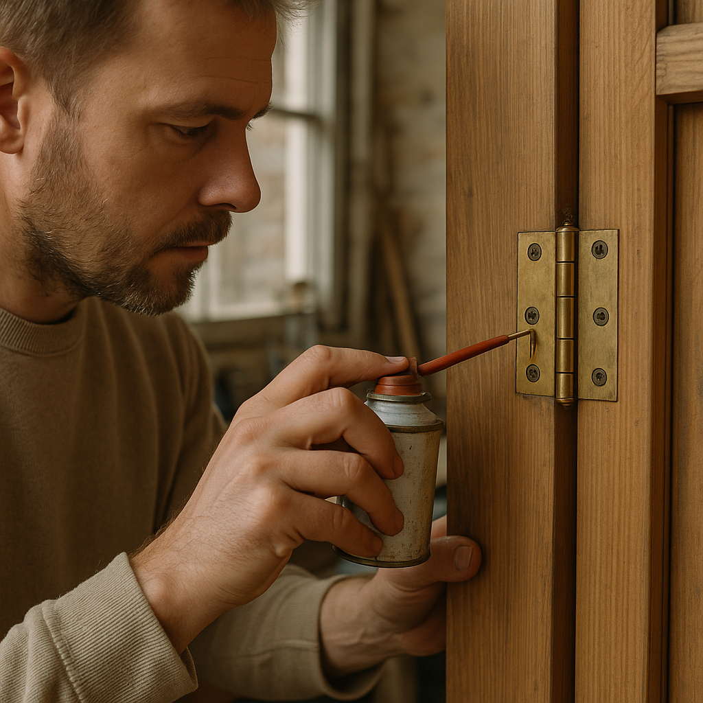 Personne appliquant de l&rsquo;huile sur une charni&egrave;re de porte