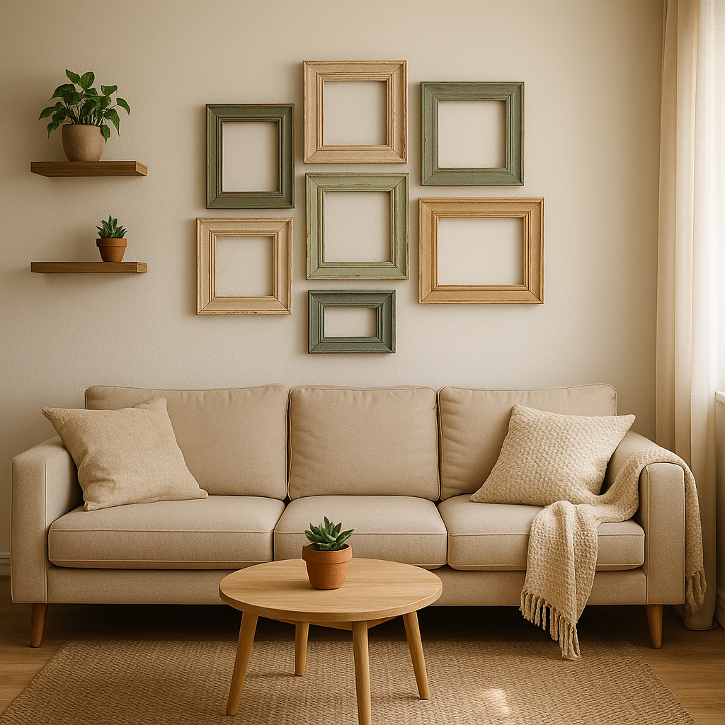 Moderner Wohnraum mit günstiger Wanddekoration: Upcycling-Rahmen und Pflanze