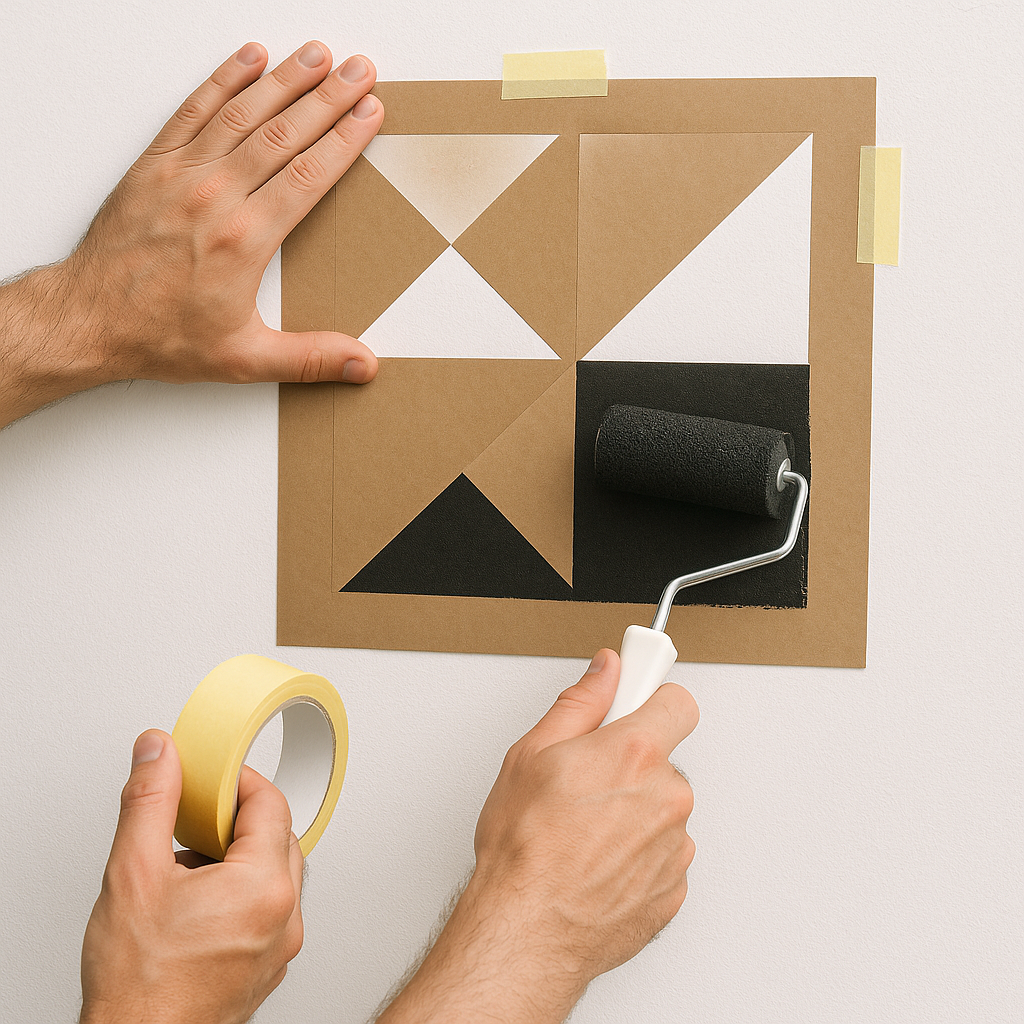 Wandmalerschablone auf weißer Wand, geometrisches Muster