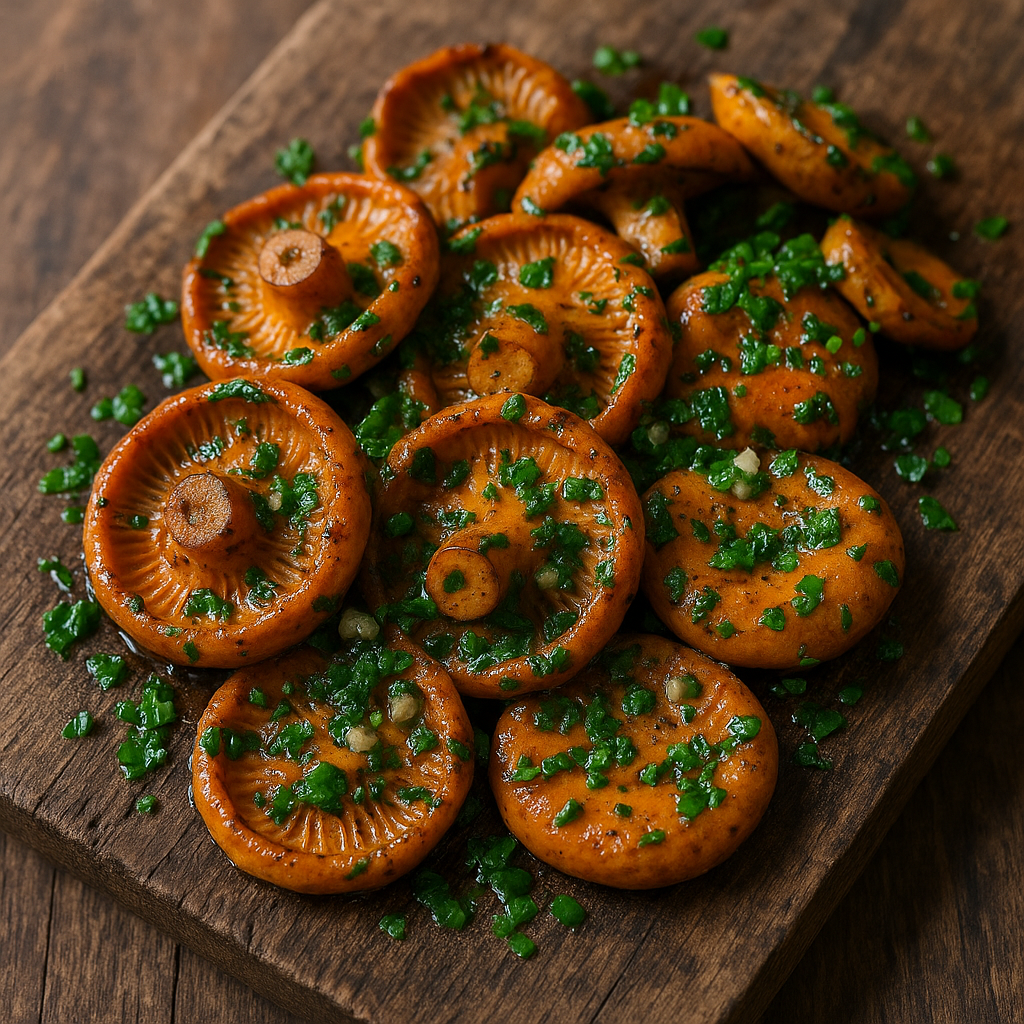 Skillet of orange milkcaps with garlic