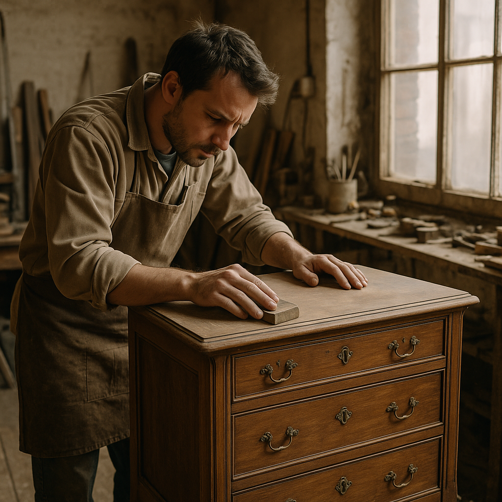 Rzemieślnik czyszczący stary drewniany mebel przed szlifowaniem