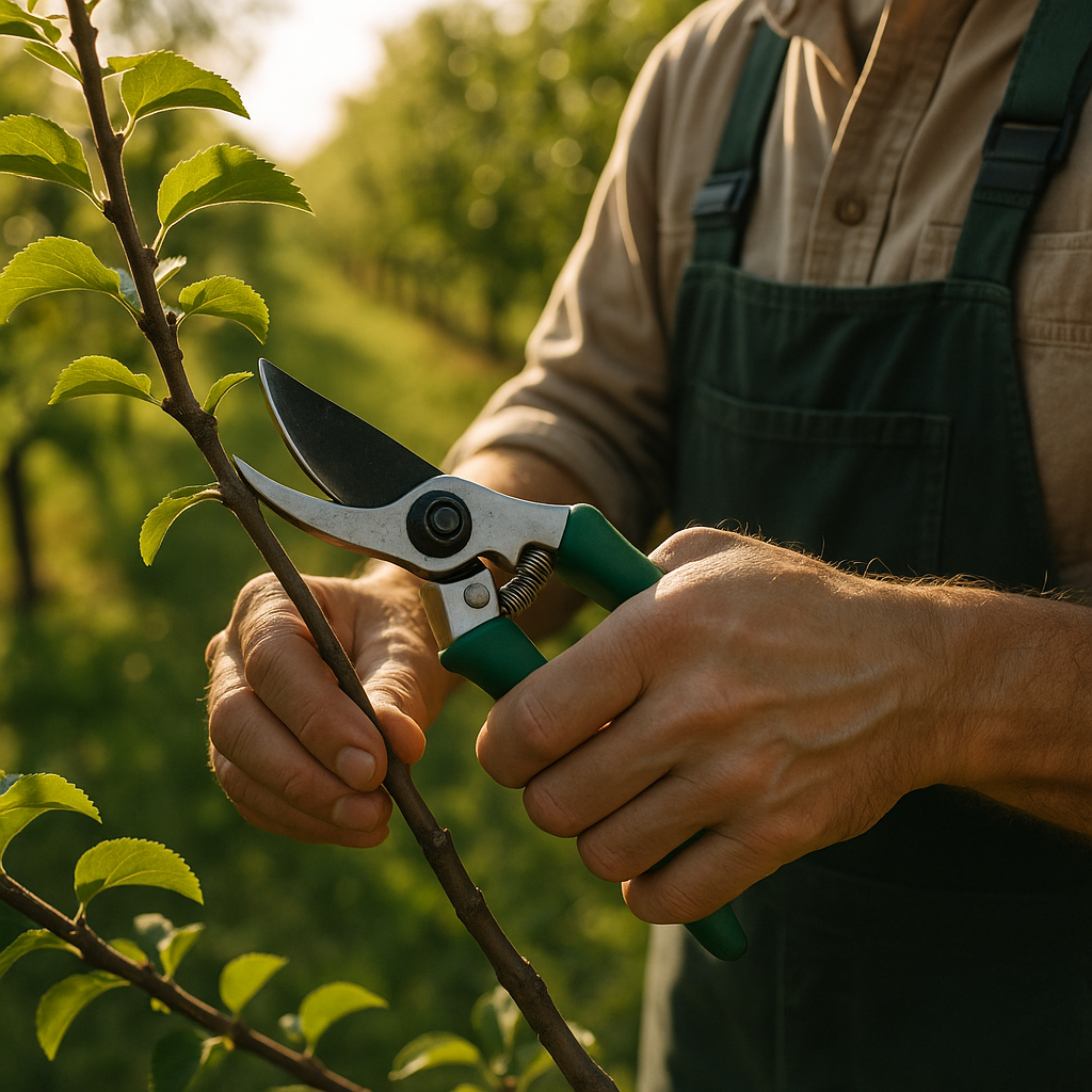 Ogrodnik używający sekatora do przycinania cienkiej gałązki