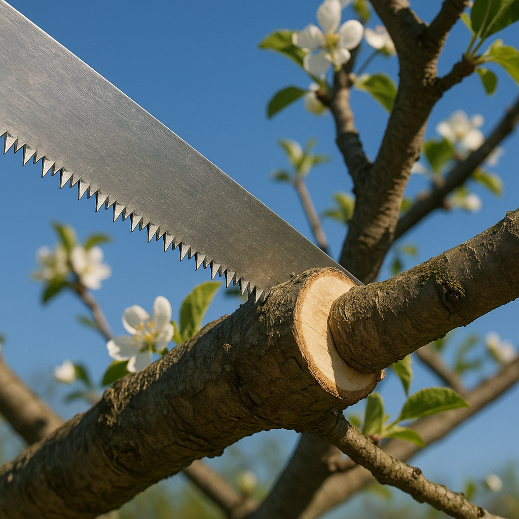 Sierra de podar cortando una rama gruesa