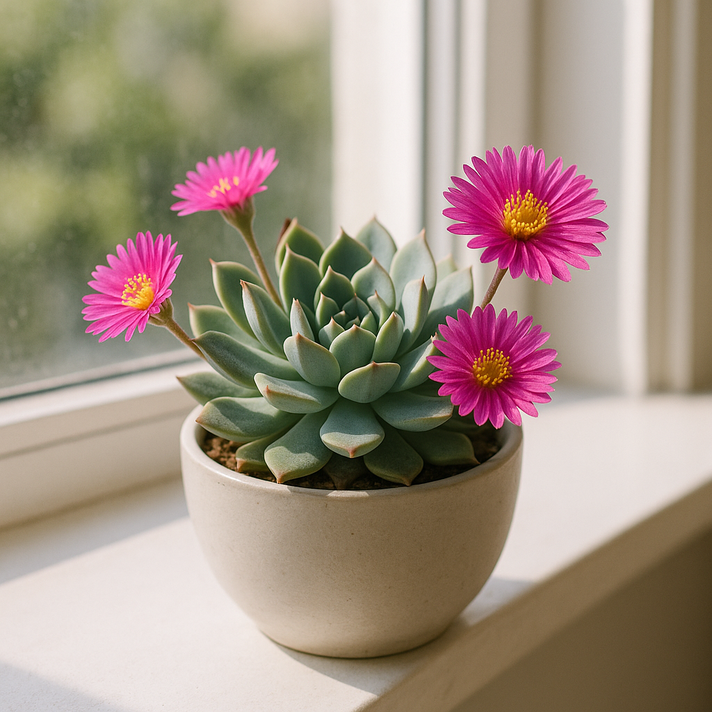 sukulenty z różowymi kwiatami na parapecie