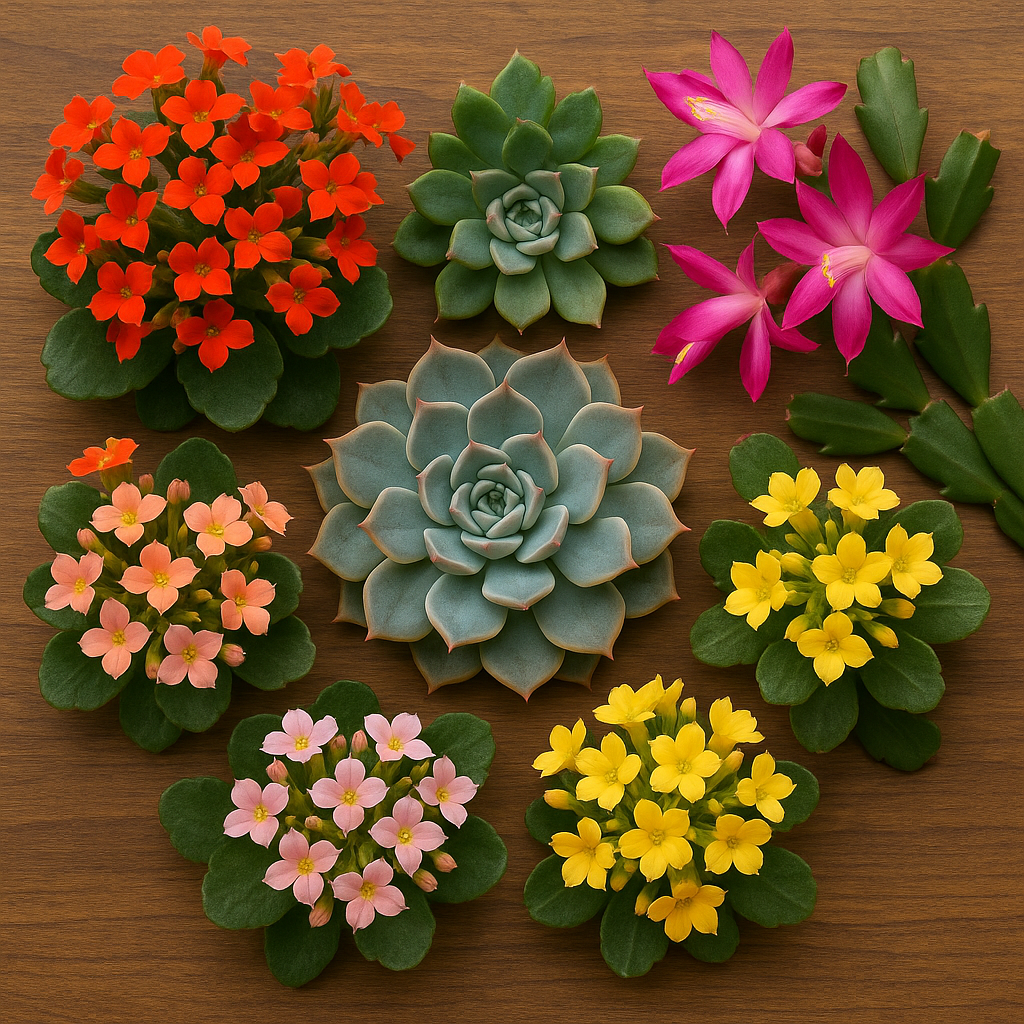 zestaw sukulentów kwitnących na drewnianym stole