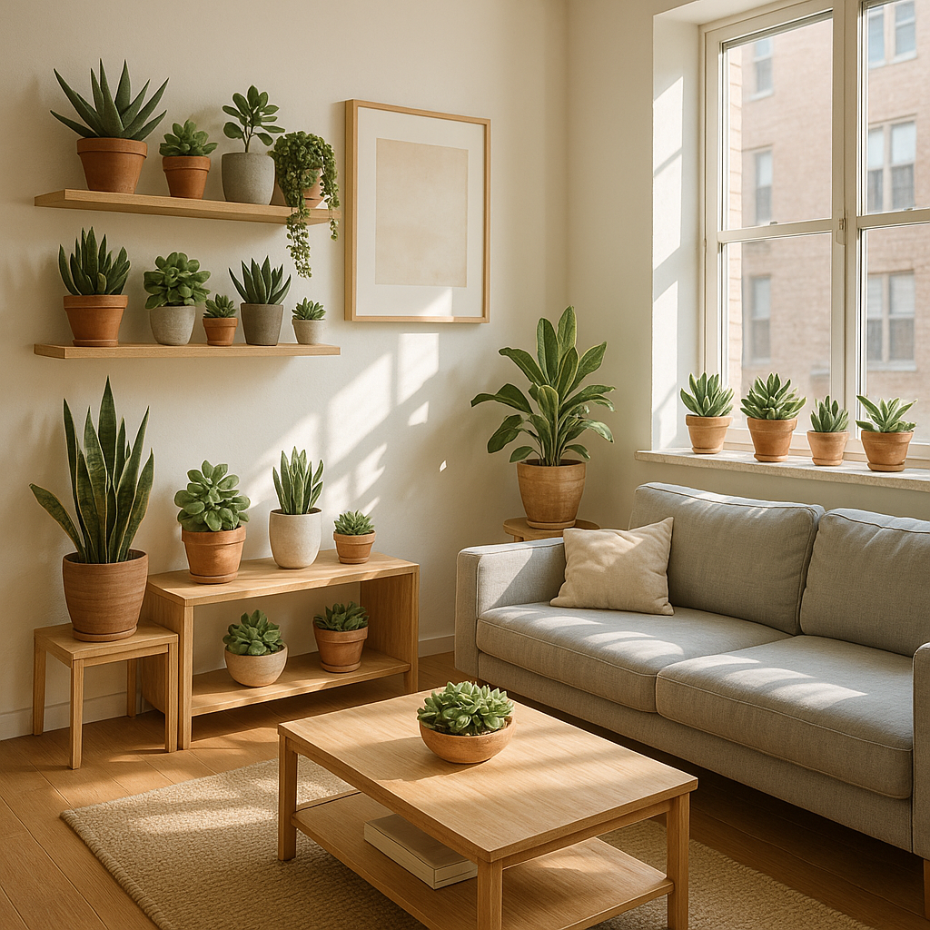 Sukulenty ułożone na półkach i parapecie w jasnym salonie