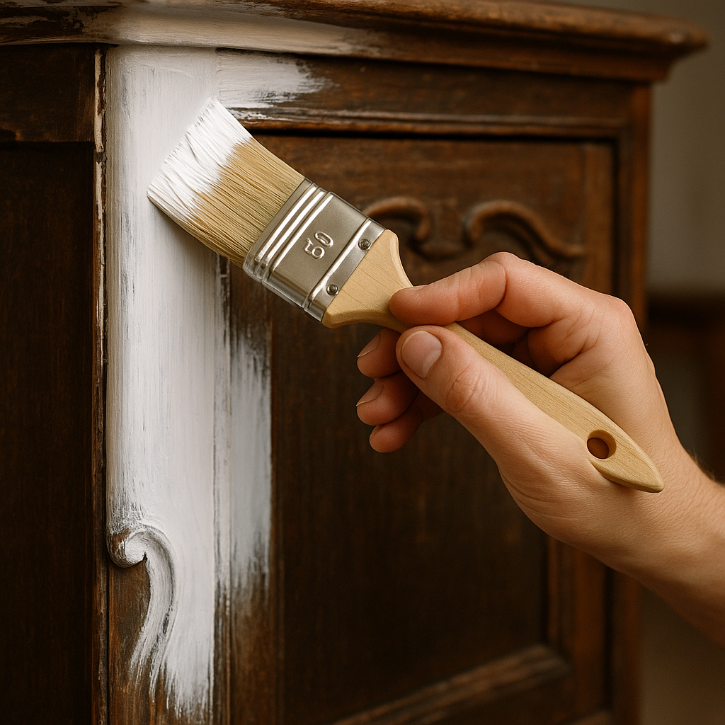 Malarz nakłada cienką warstwę farby na stary mebel