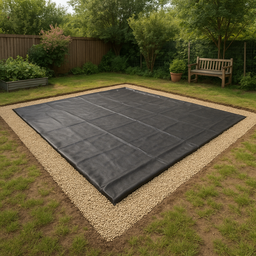 Przygotowanie terenu pod szklarnię: żwir i geowłóknina