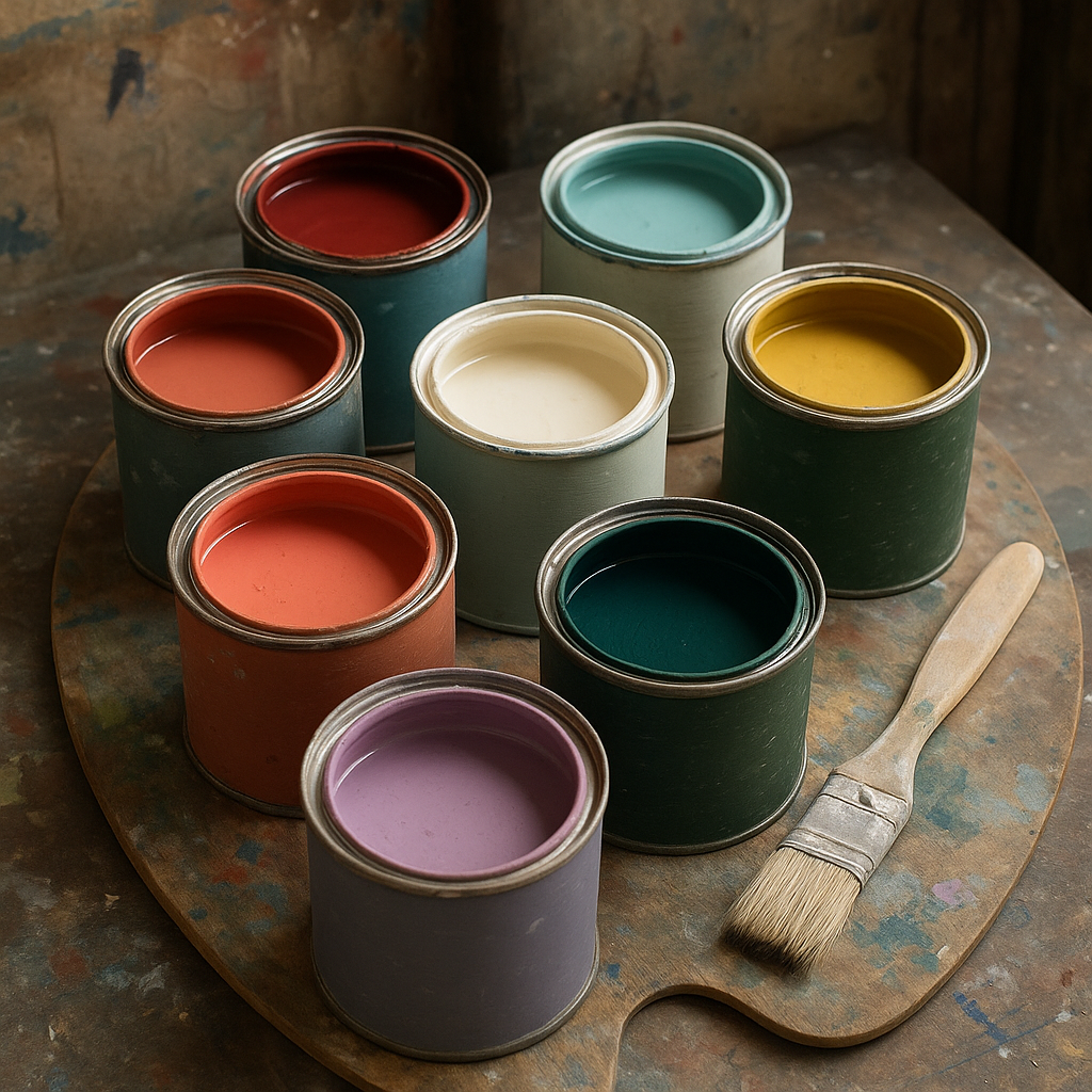 Paleta pojemników z farbą akrylową i gadżetami do malowania mebli