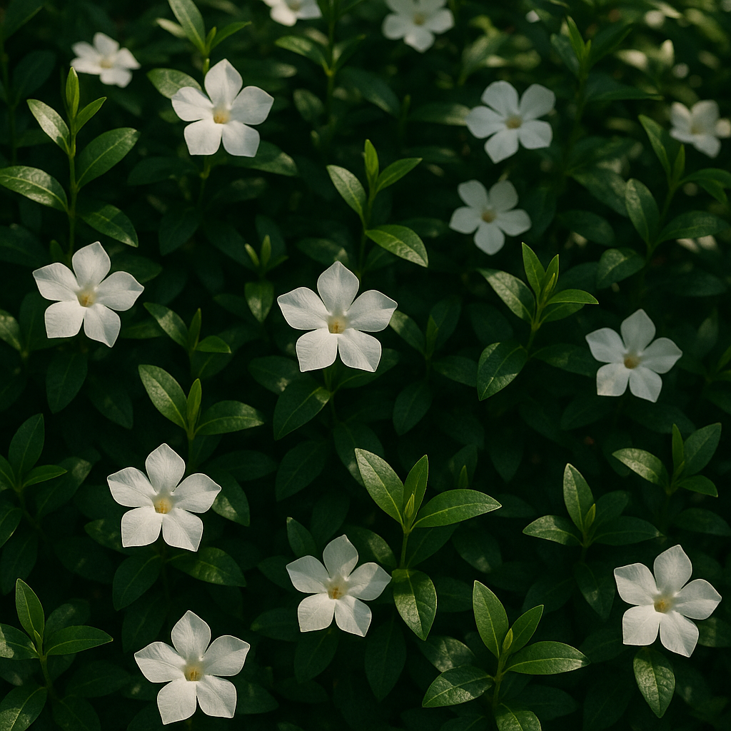 Couverture de sol de pervenche blanche en sous-bois