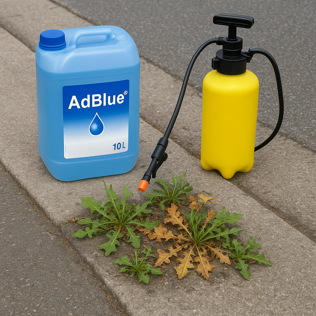 Kanister AdBlue położony przy chodniku, opryskiwacz i częściowo spalone chwasty po aplikacji, test w warunkach rzeczywistych.